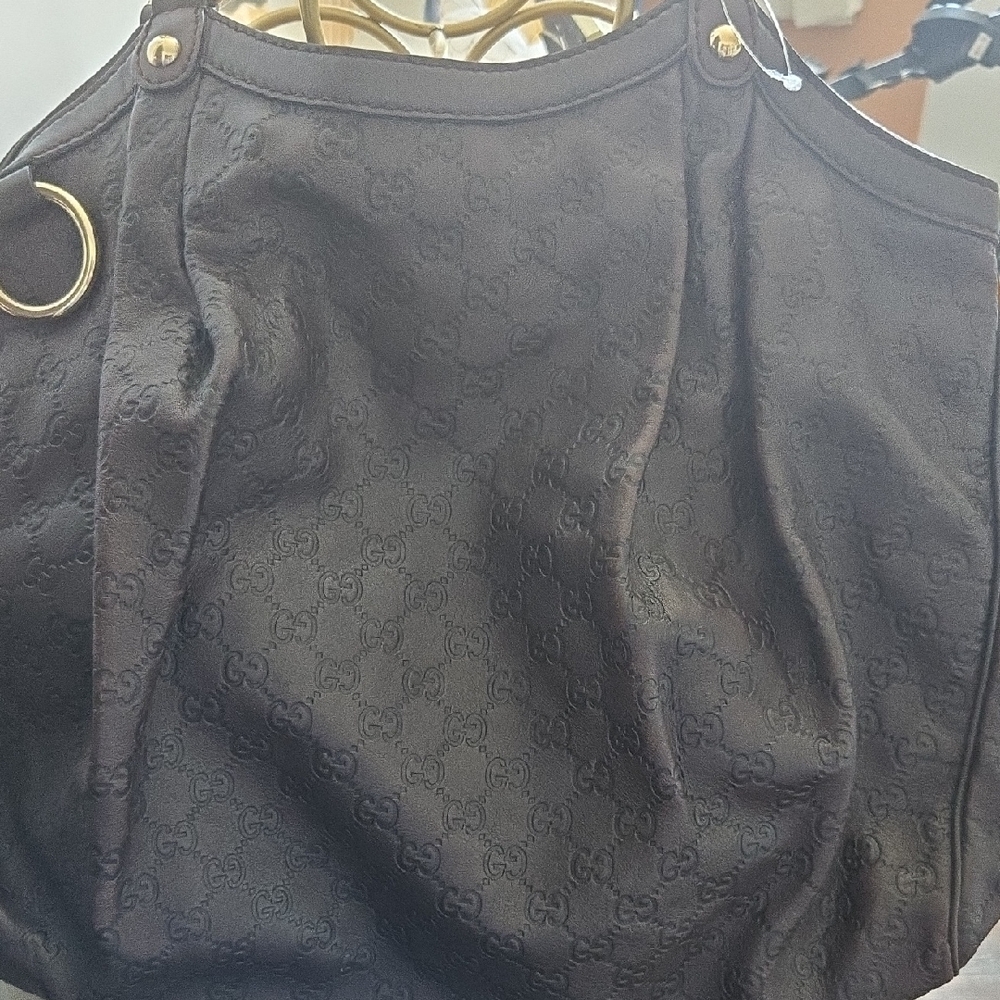 AUTHENTIC Gucci Dark Monogram Tote with Gold Accents